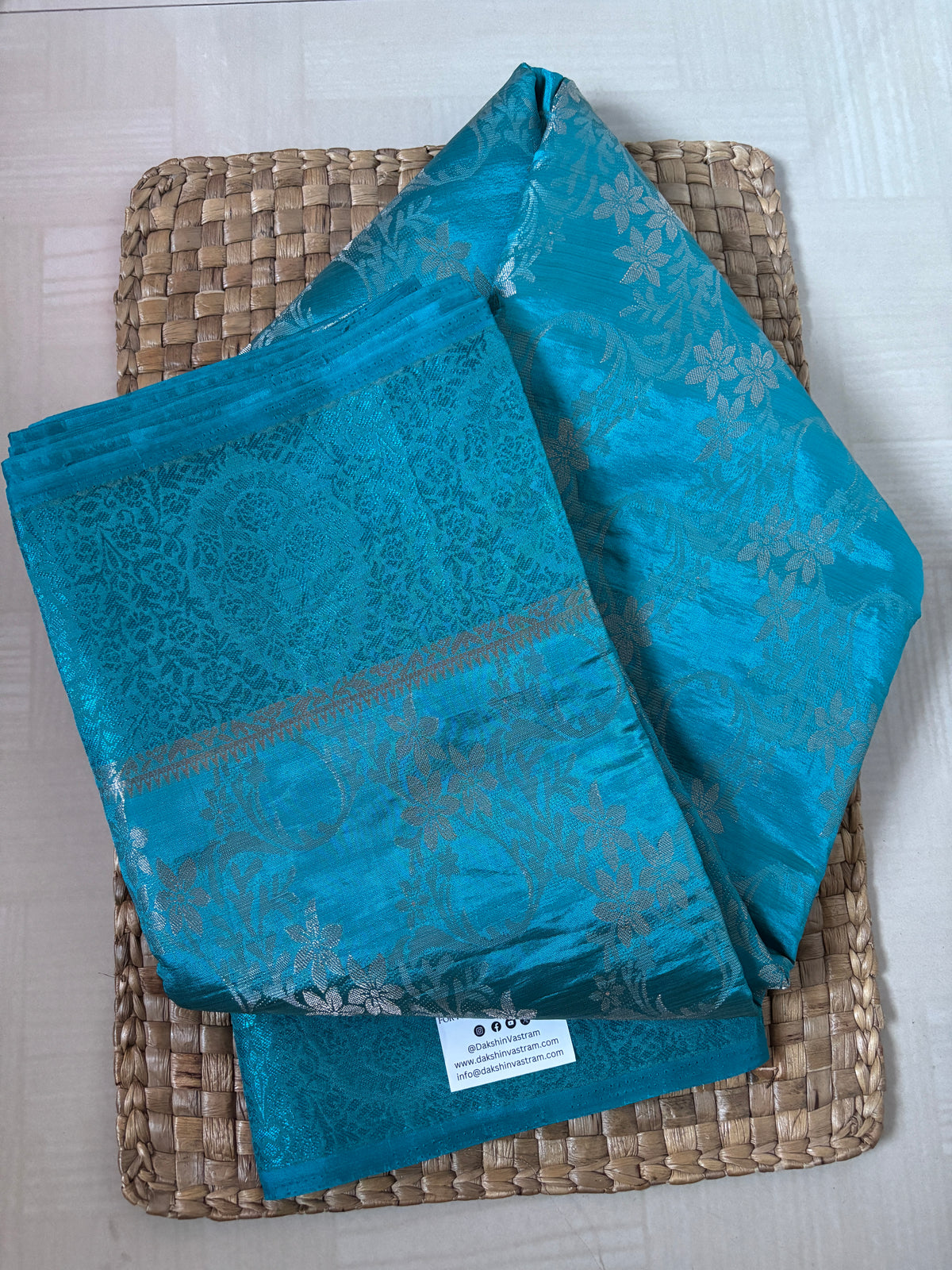 Buy Semi Silk Saree online – Turquoise Blue Semi Silk Saree rear view