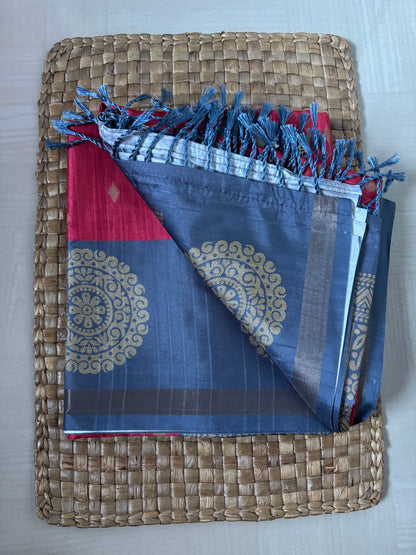 Buy Semi Silk Saree online – Pink & Grey Semi Silk Saree full view