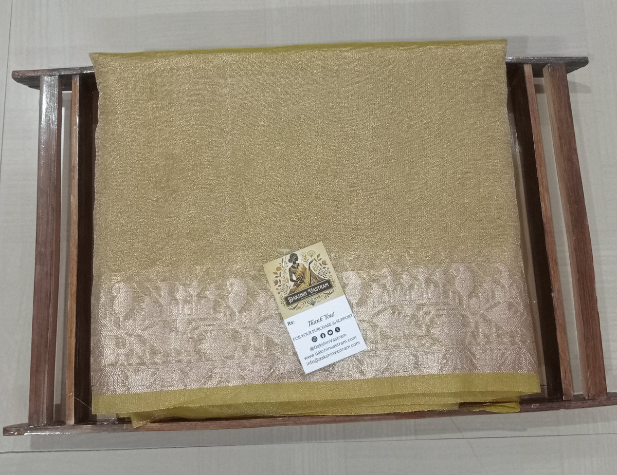 Front side view of Tissue Banarasi Saree showcasing soft, luxurious silk and intricate weaving