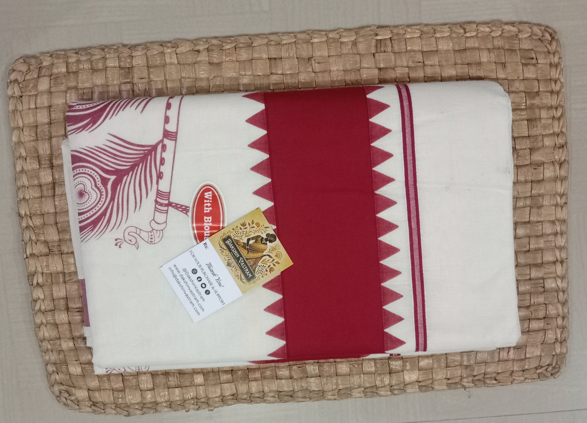 Front side view of Kasavu Saree with traditional hand-printed design and organic fabric