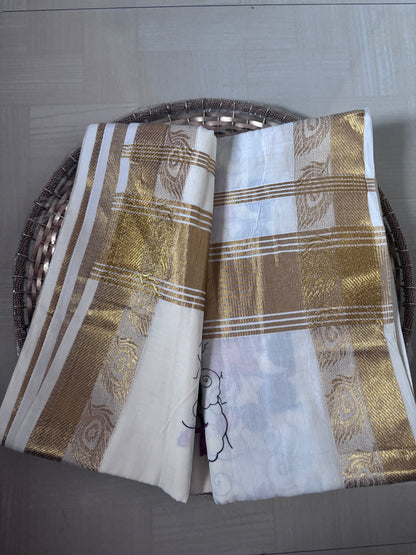 Buy Kerala Kasavu Saree online – Peacock Zari Saree full view