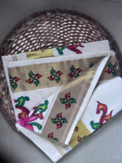 Buy Lotus Kasavu Saree online – Floral Kasavu Saree full view