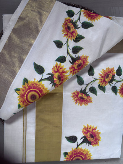 Buy Sunflower Kasavu Saree online – Kerala Cotton Saree blouse view
