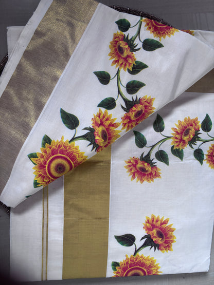 Buy Sunflower Kasavu Saree online – Kerala Cotton Saree blouse view