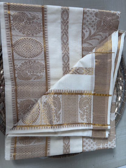 Buy Kerala Kasavu Saree online – Floral Peacock Cotton Saree full view