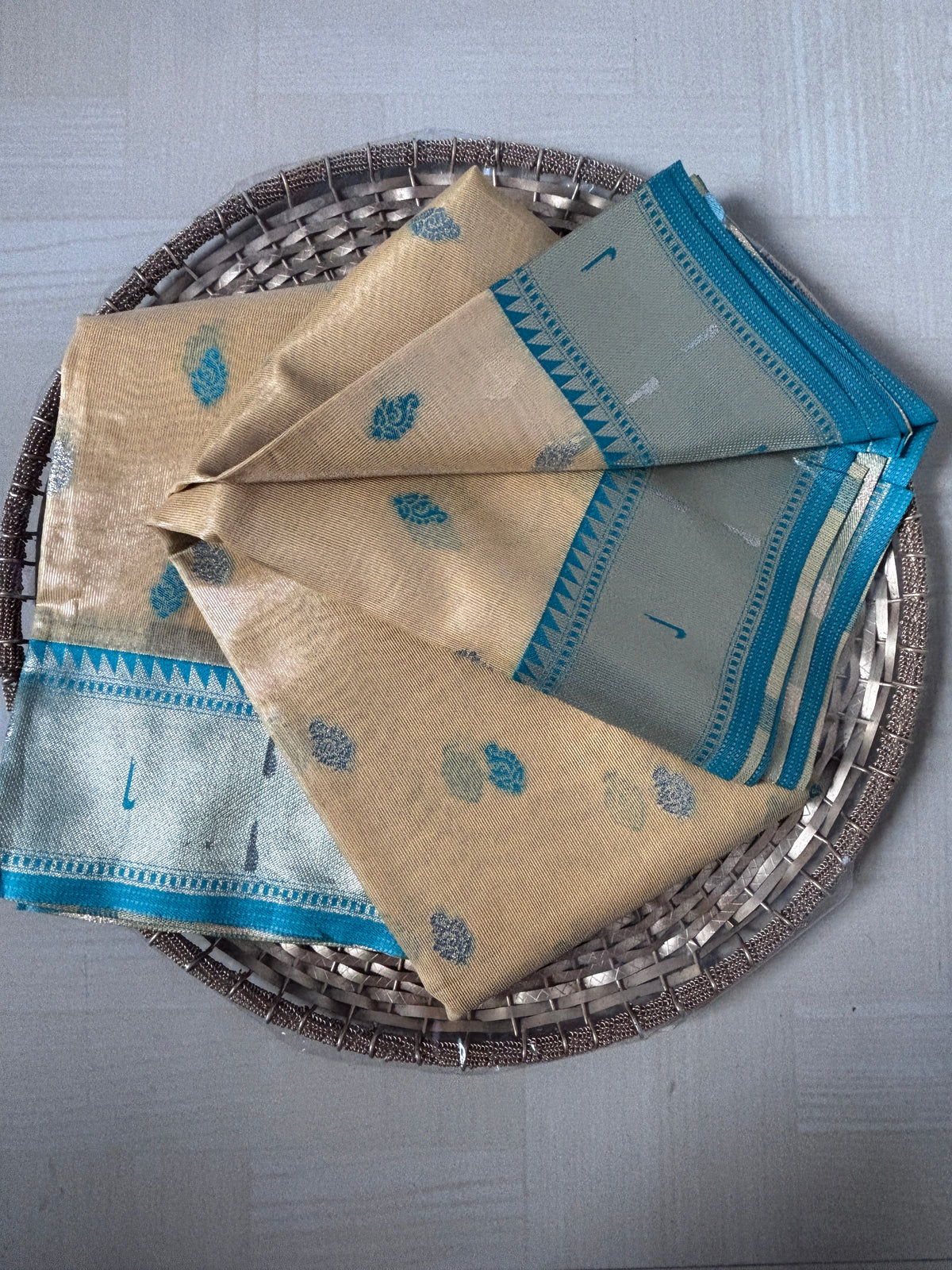 Buy Tissue Silk Saree online – Ivory Aqua Border Saree full view