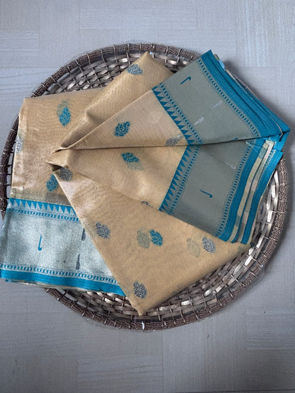 Buy Tissue Silk Saree online – Ivory Aqua Border Saree full view