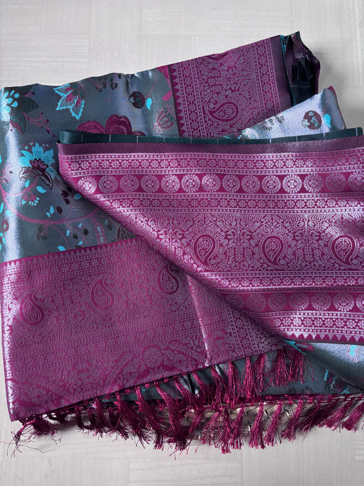 Buy Tissue Silk Saree online – Wine Teal Saree rear view