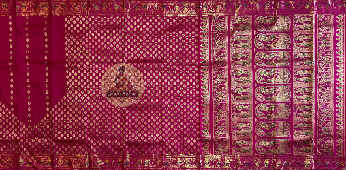 Swarnachari handloom silk saree with golden Samudra Manthan motifs – delivered across UK
