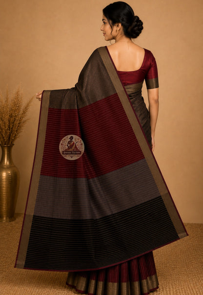 Rear view of Bishnupur Katan Silk Saree displaying the richly composed handwoven pallu with traditional Bengali artistic motifs drawn from Bishnupur's thousand-year heritage