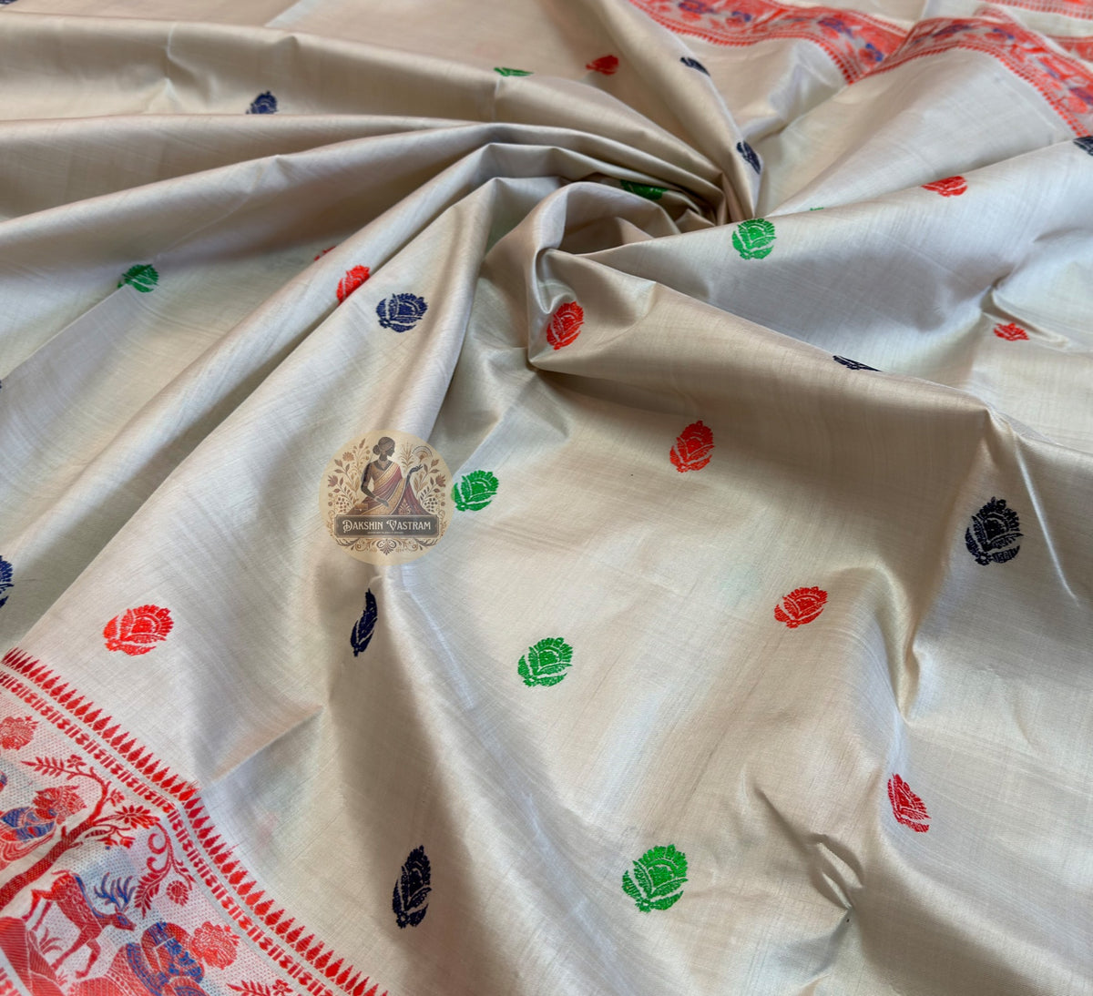 Flat lay of authentic Bishnupur Baluchari Silk saree showing full 6-yard length, dense narrative pallu and woven border