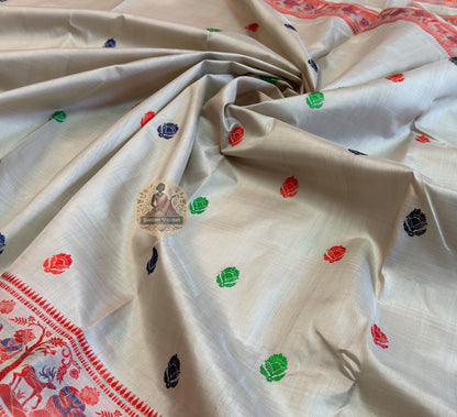 Flat lay of authentic Bishnupur Baluchari Silk saree showing full 6-yard length, dense narrative pallu and woven border
