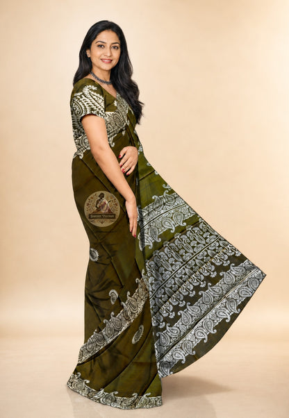 Bishnupur hand block print saree front view – pure silk with carved wooden block motifs rooted in Bengal's Malla kingdom heritage