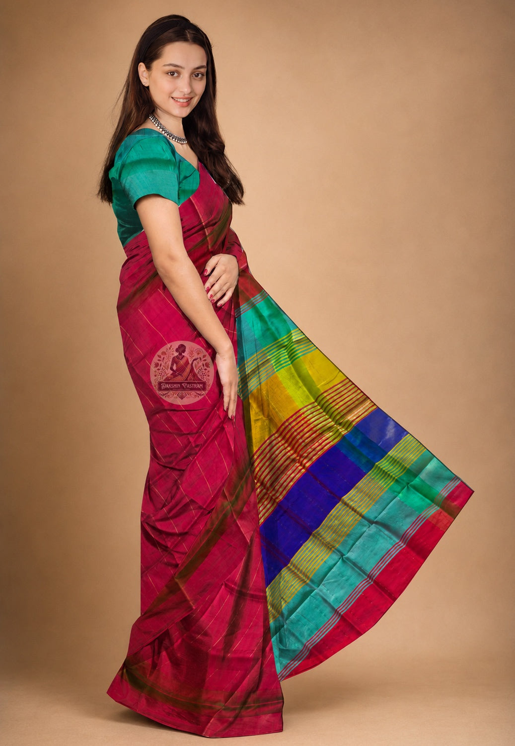 Side view of Bishnupur Katan Silk Saree showing the natural fall and graceful drape, perfect for Durga Puja, Bengali weddings and festive celebrations across India