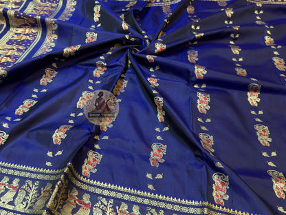 Close-up of handwoven Bishnupur Baluchari pallu showing mythological figures and royal court scenes woven in pure silk thread — inspired by Bishnupur's terracotta temple art