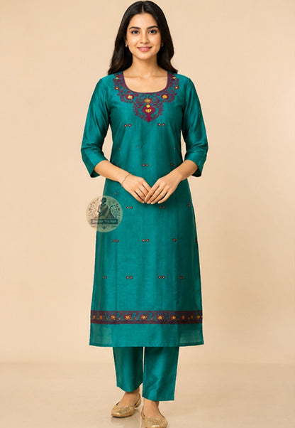 Handloom Baluchari silk unstitched kurti piece in deep green with Resham woven neckline motifs – Dakshin Vastram