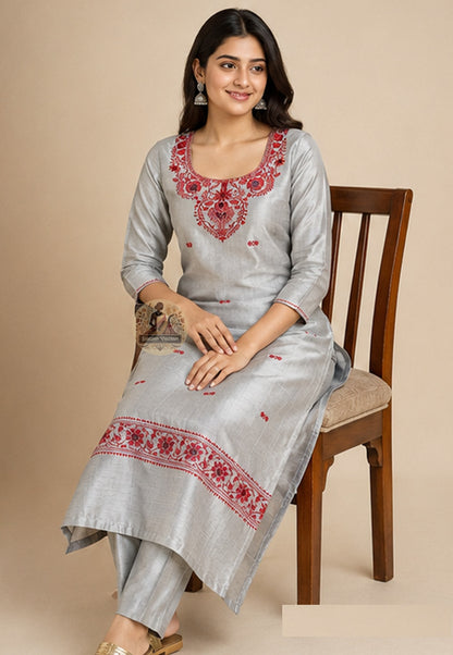 Unstitched Baluchari silk kurti fabric in cool Grey with heritage woven border – ships to London Birmingham Leicester Manchester Bradford