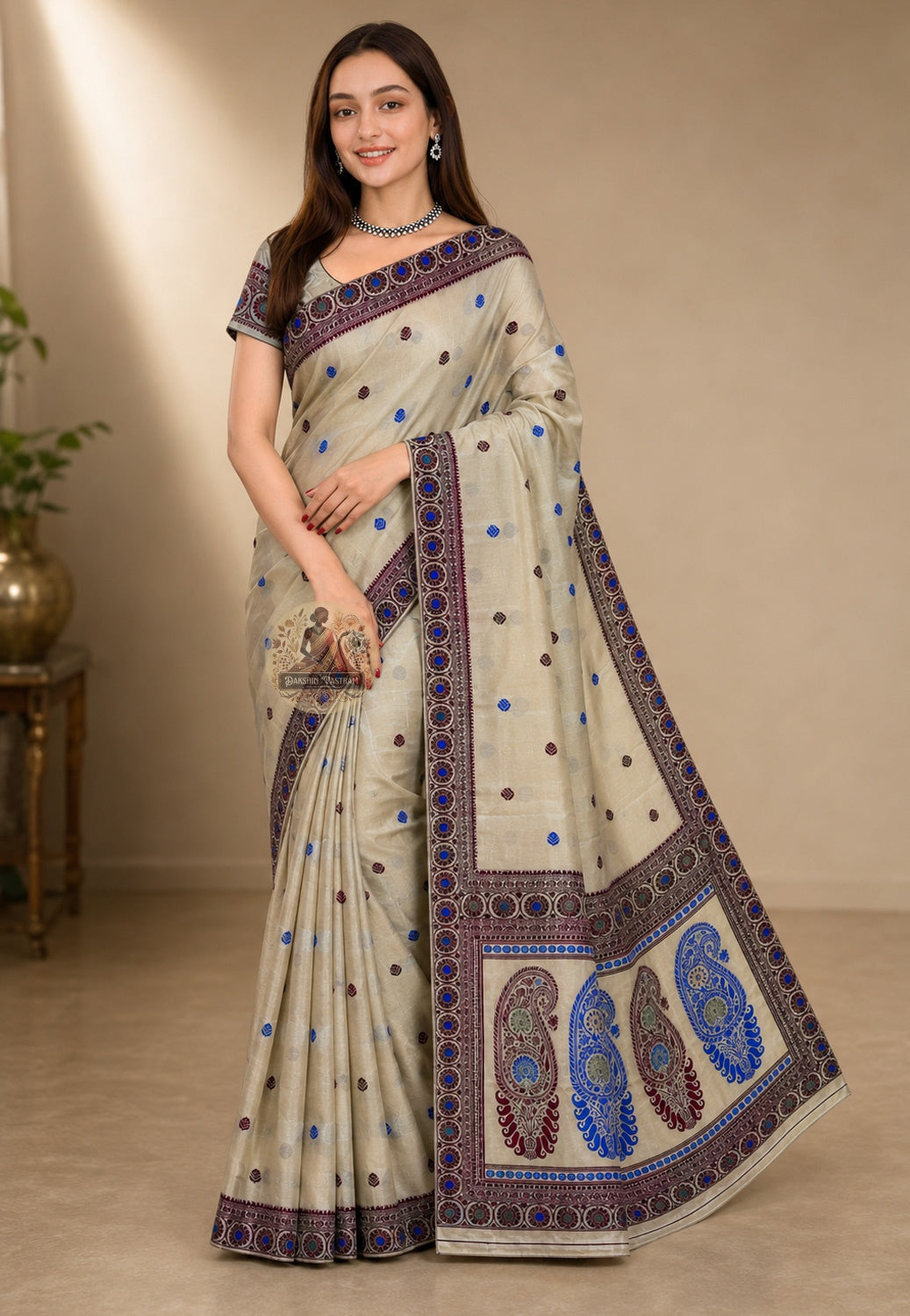 Front view of rare masterpiece Bishnupur Baluchari Silk Saree in finest pure silk with the most intricate handwoven mythological pallu and multi-layered border, draped for Durga Puja Ashtami and weddings in West Bengal