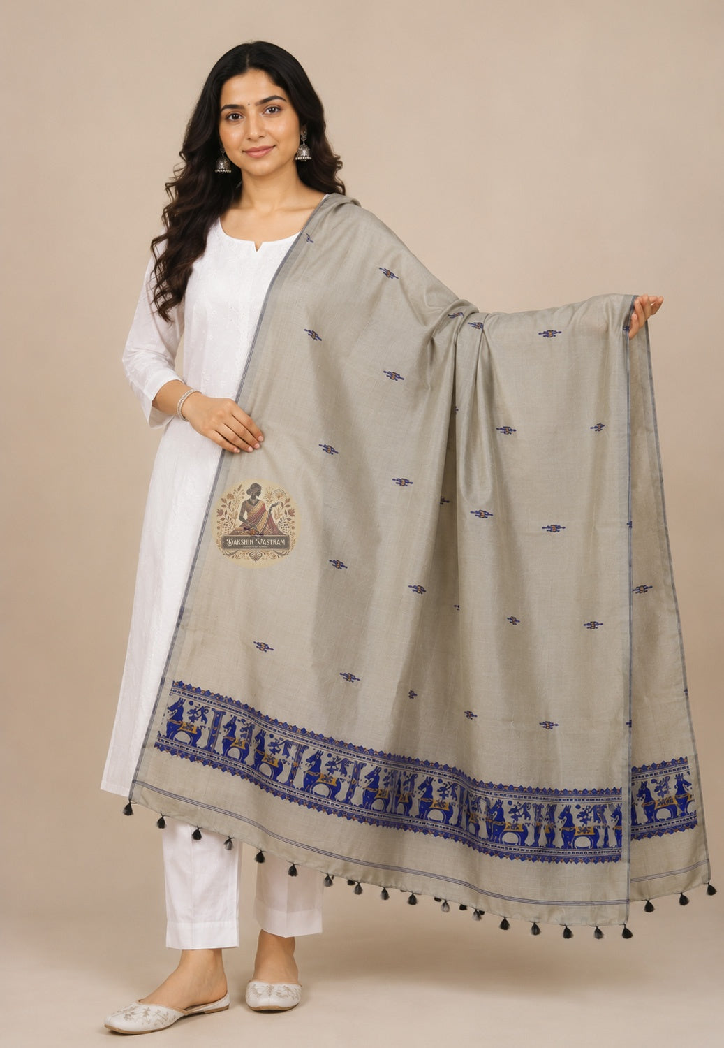 Full open view of stone grey Baluchari pure silk stole – royal blue woven narrative border with horses, elephants and court figures, black silk tassels, handloom Bengal weave