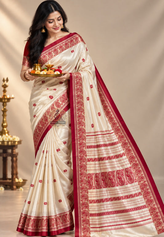 Front view of Bishnupur Garad versatile pure silk saree in natural ivory, handwoven from pure mulberry silk for puja, weddings and cultural occasions