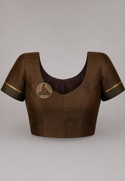 Close-up of running blouse fabric from Bishnupur Pure Katan Silk Saree set, featuring coordinating handwoven Katan silk with complementary traditional Bengali motif border detail