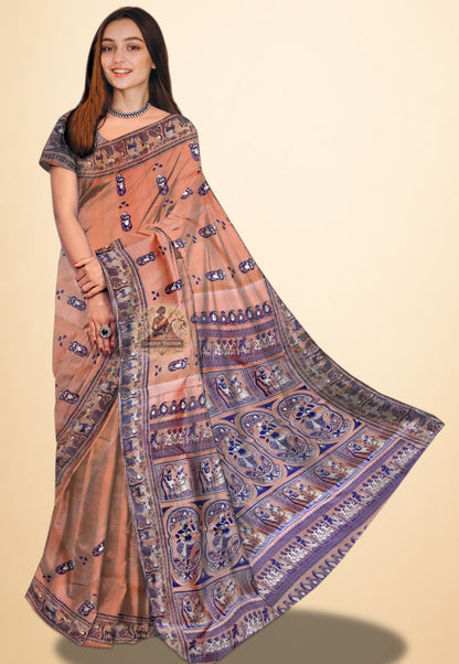 Handwoven Baluchari silk saree with intricate mythological figural motifs on pallu and border