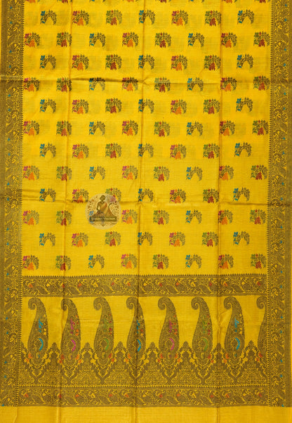 Close-up of pallu of Banarasi Muga Tussar Saree with traditional Banarasi buta and geometric zari patterns on natural golden silk