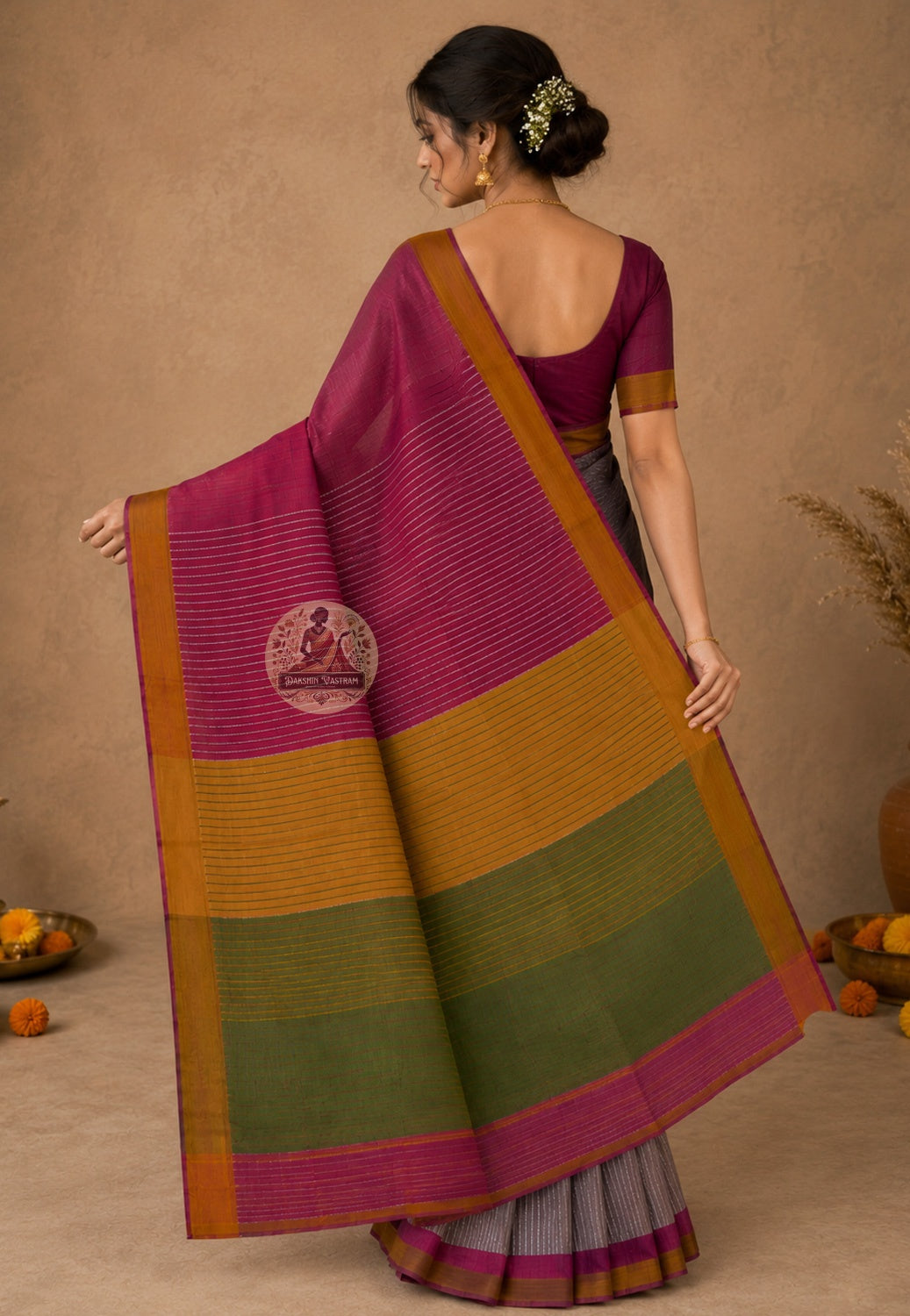 Rear view of Bishnupur Pure Katan Silk Saree displaying the richly handwoven pallu with traditional Malla-inspired temple motifs and the characteristic body of Bengal's finest Katan silk