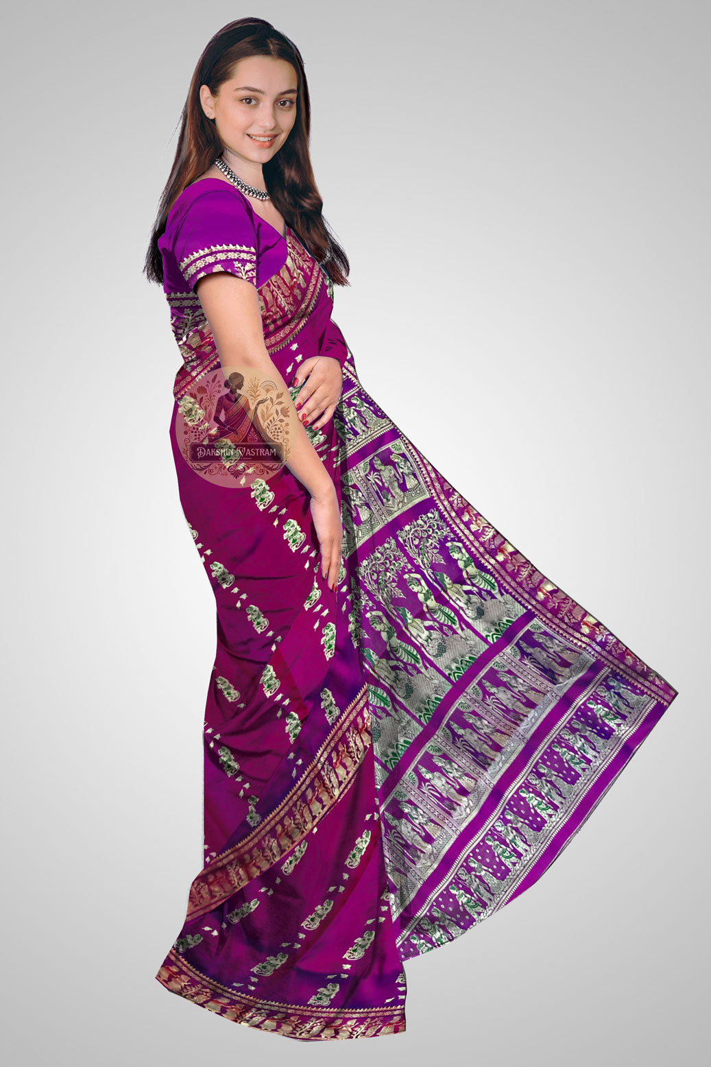 Buy Purple Baluchari Saree online – Purple Baluchari Saree side view