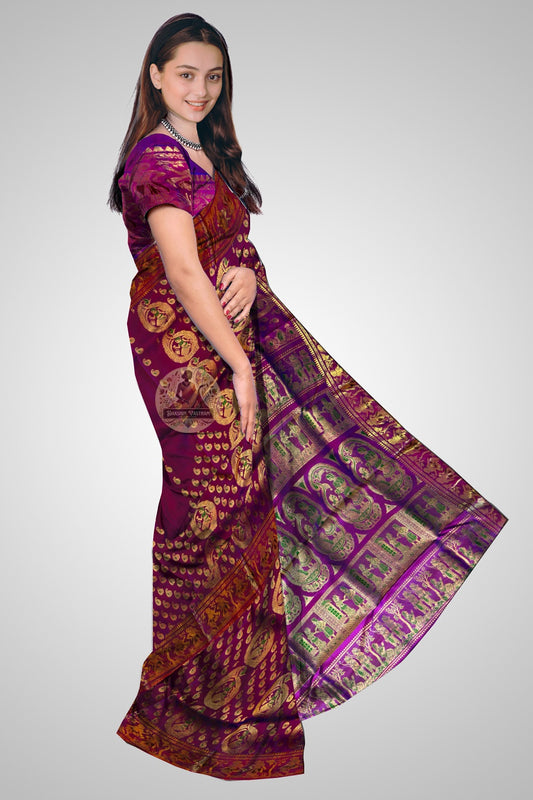 Luxury handloom Swarnachari Silk Saree with multi-layered gold motifs – bridal collection, shipped to Delhi and Hyderabad