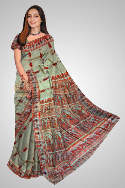 Shop Mulberry Silk Saree – Side view showcasing traditional Baluchari drape