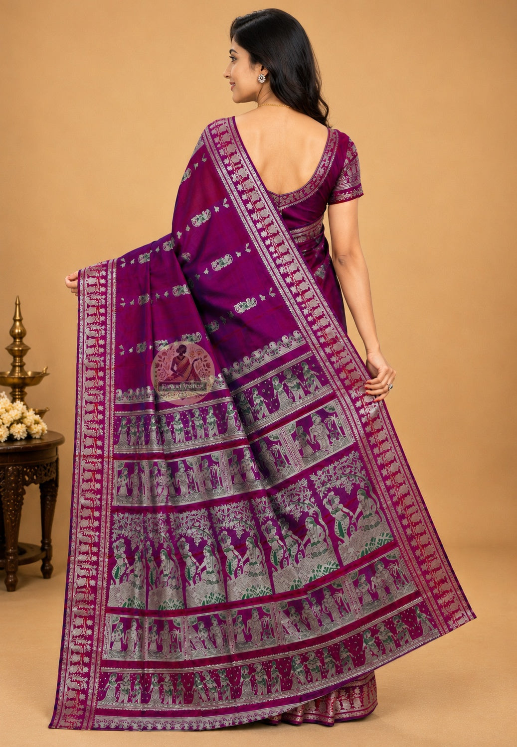Rear view of Baluchari Pure Silk Saree displaying the richly handwoven narrative pallu with mythology scenes from the Mahabharata and Ramayana woven directly into pure Bengal silk