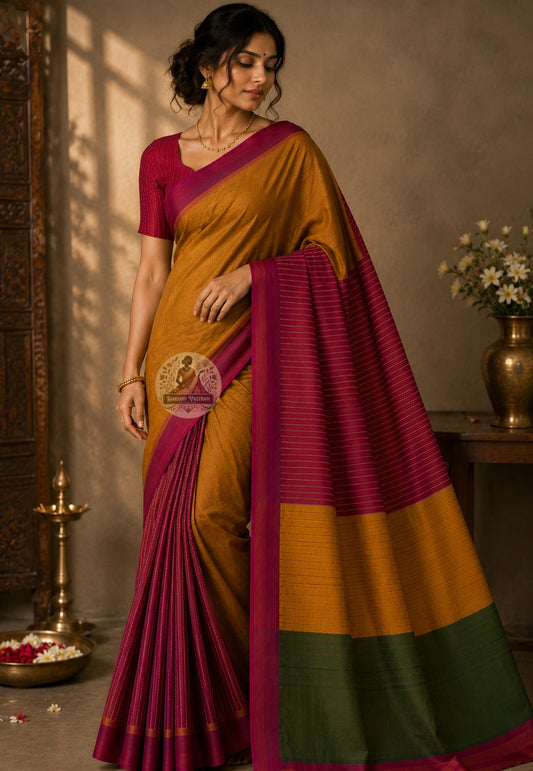 Front view of Bishnupur Pure Katan Silk Saree draped on model, showcasing handwoven temple motifs inspired by Bengal's terracotta heritage and the rich structured drape of pure Katan silk