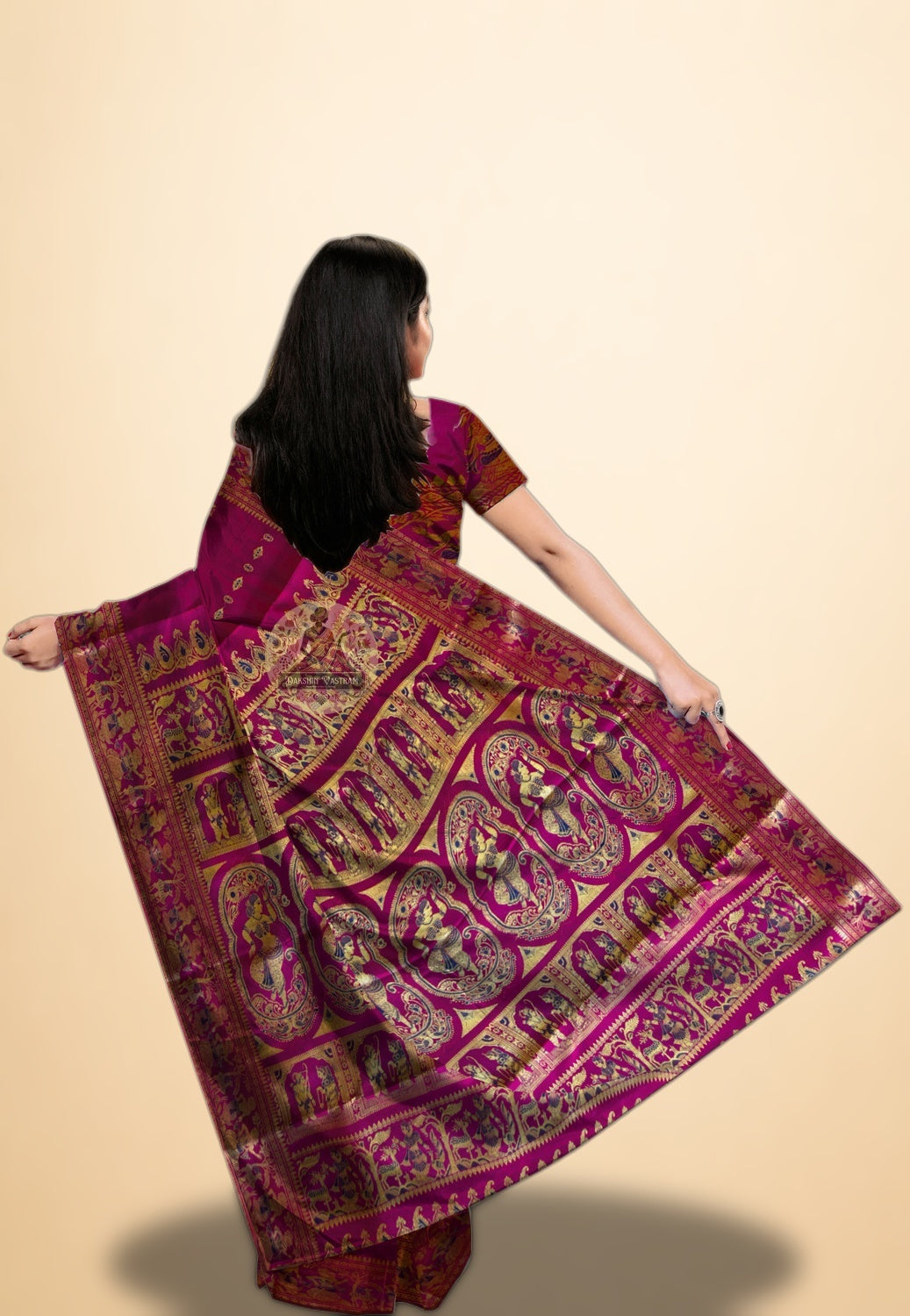 Indian woman draped in Baluchari pure silk saree with narrative woven border — buy online UK
