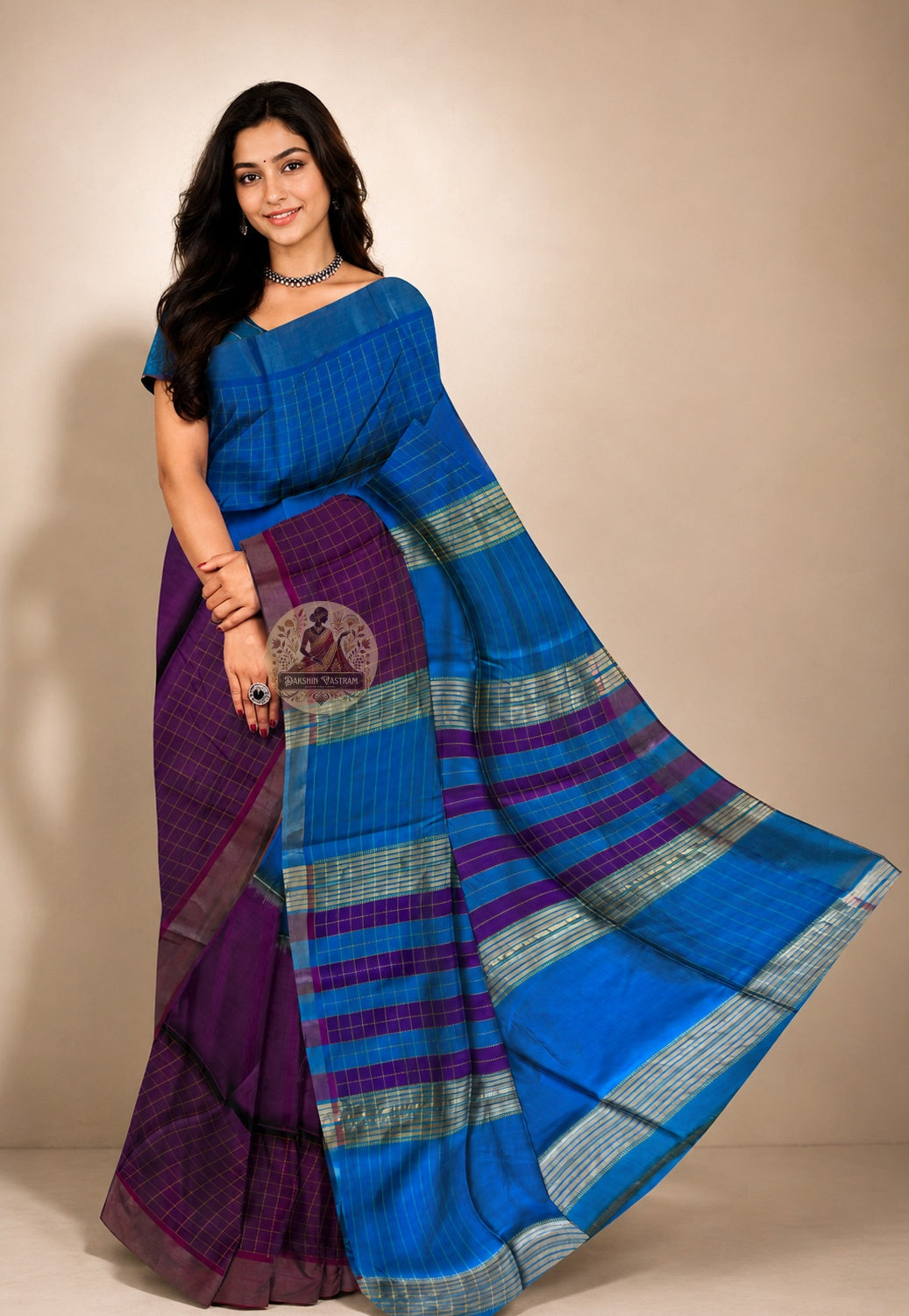 Front view of Bishnupur Pure Katan Silk Saree draped on model, showcasing handwoven Bengal heritage motifs and the luminous depth of pure mulberry silk