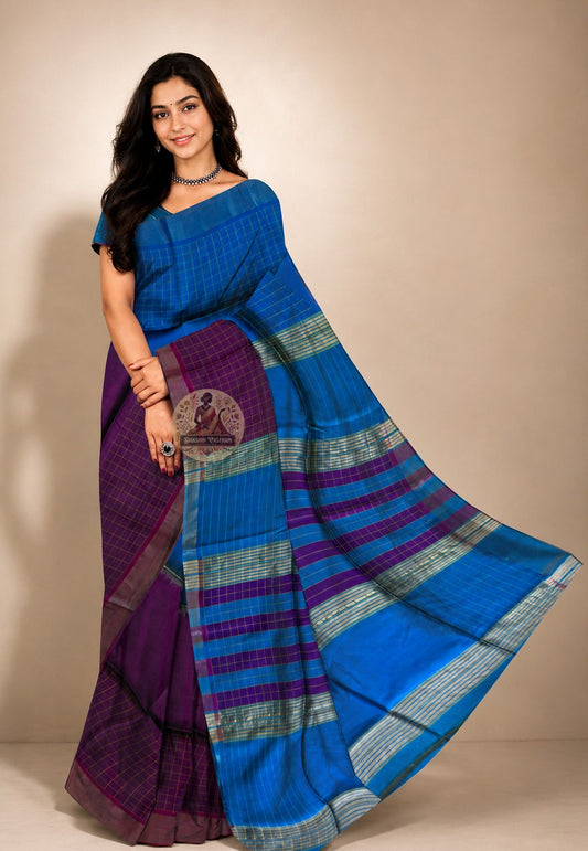 Front view of Bishnupur Pure Katan Silk Saree draped on model, showcasing handwoven Bengal heritage motifs and the luminous depth of pure mulberry silk