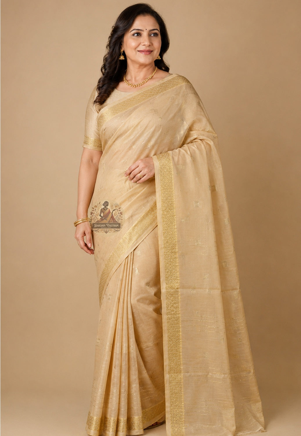 Rear view of pure cotton handloom saree highlighting the pallu and woven border, perfect for festive and puja occasions