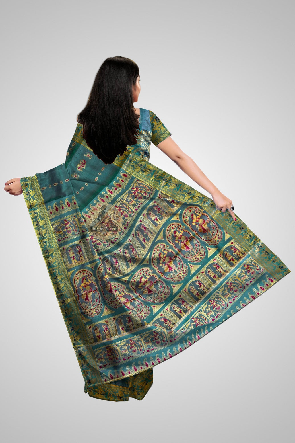 Baluchari silk saree – rear drape with detailed weaving