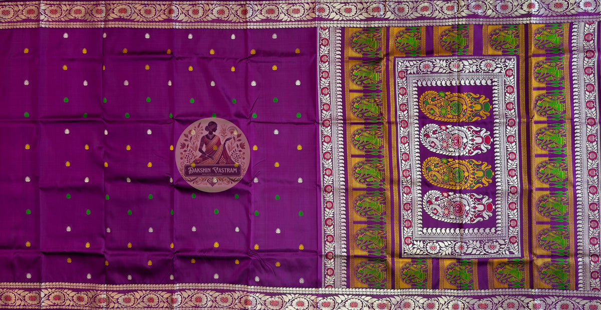 Close-up of finest pure silk fabric of masterpiece Bishnupur Baluchari Saree showing exceptional luminous sheen, fine handwoven texture and extraordinary drape quality of Bengal's most prized handloom silk