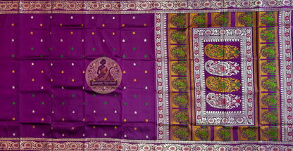 Close-up of finest pure silk fabric of masterpiece Bishnupur Baluchari Saree showing exceptional luminous sheen, fine handwoven texture and extraordinary drape quality of Bengal's most prized handloom silk