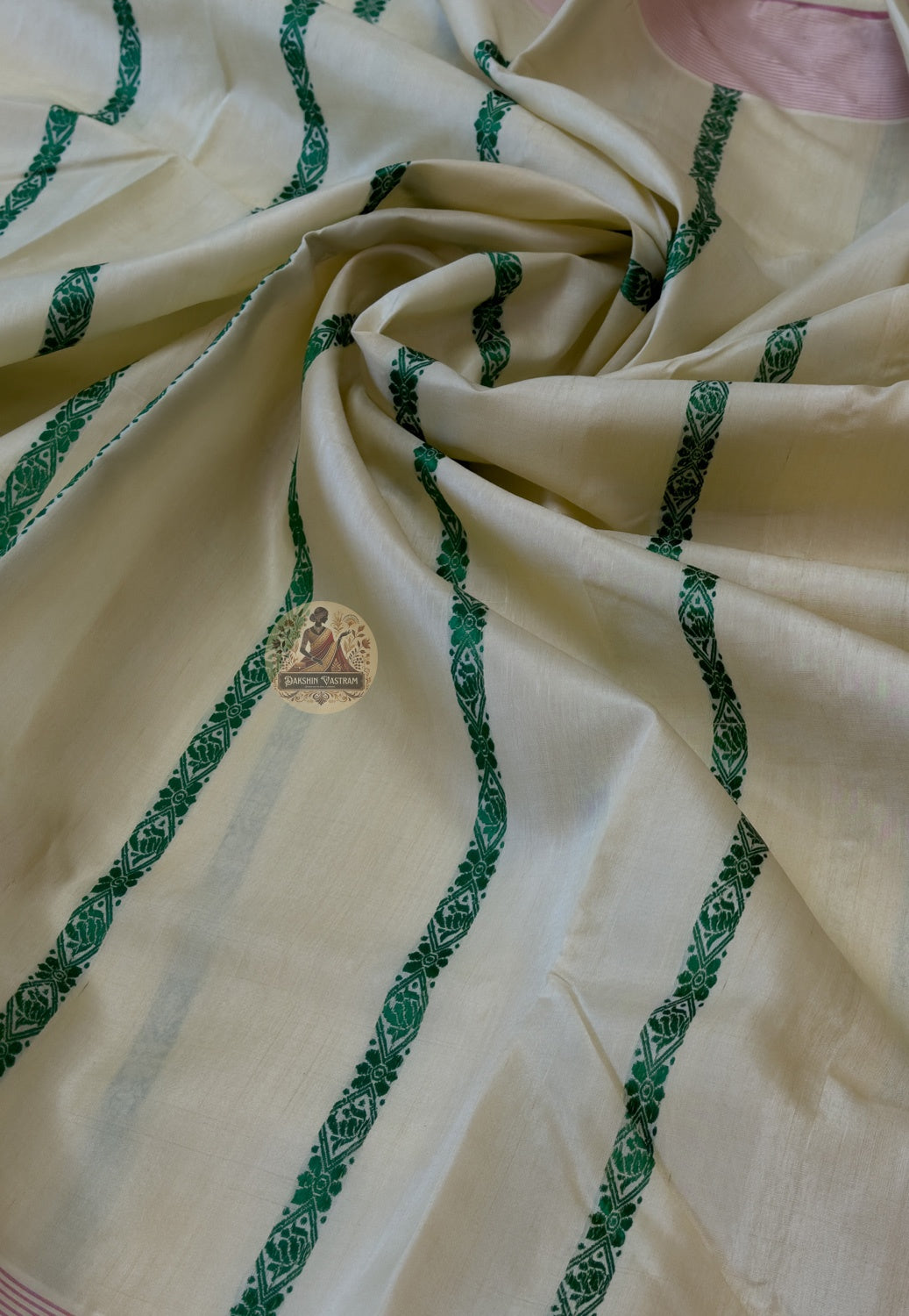 Tussar silk saree in harvest gold worn at a Diwali and Dhanteras celebration — authentic West Bengal handloom delivered to Chelmsford, Norwich and worldwide