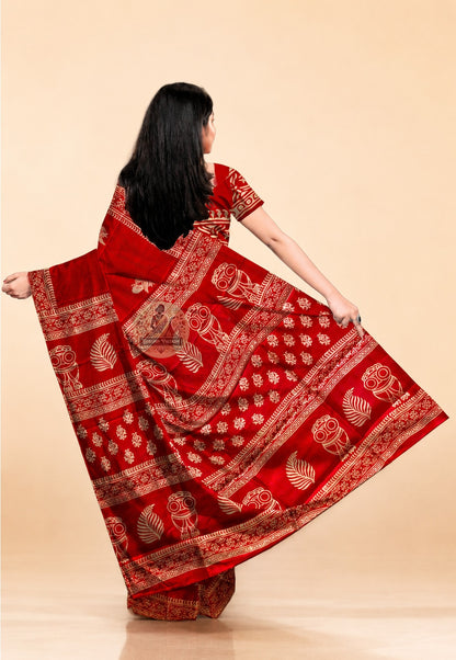 Bishnupur Silk Block Print Saree rear view – full drape revealing Bengal folk art block print motifs on premium pure silk, a timeless heirloom gift