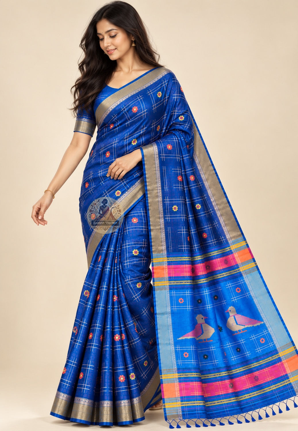 Front view of Bishnupur Katan pure silk saree with traditional Bengal buti motifs, handwoven on pit loom by artisan weavers in West Bengal
