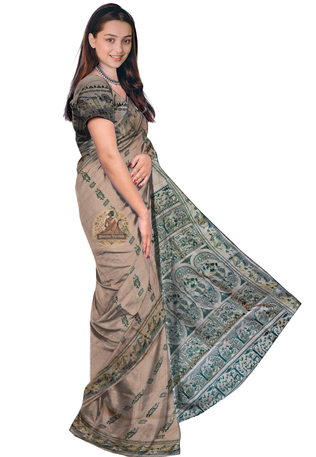 Bengal pit loom Baluchari saree — lustrous silk with intricate narrative panel weave detailing