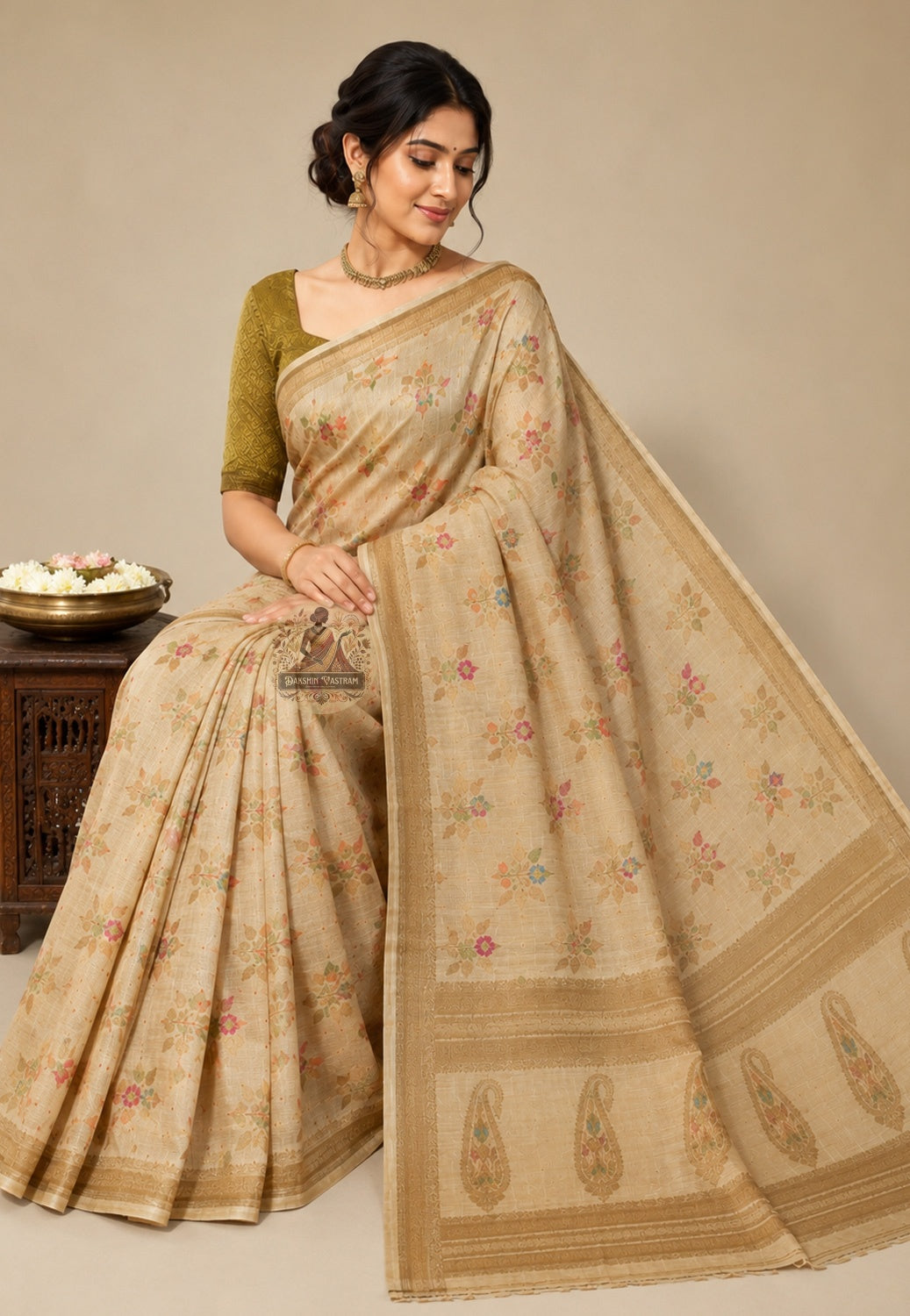 Rear view of Banarasi Muga Tussar Saree displaying richly handwoven zari pallu with traditional lotus, paisley and jaal motifs for Durga Puja and wedding occasions