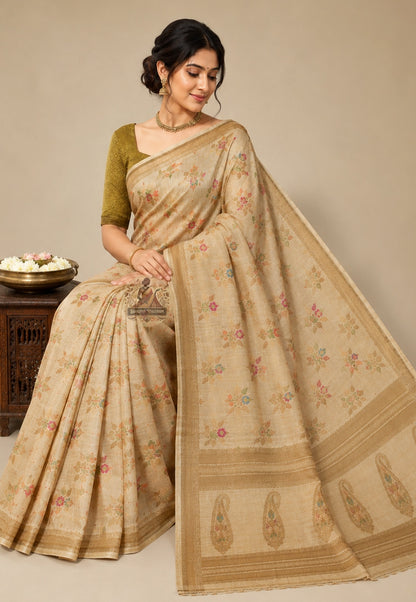 Rear view of Banarasi Muga Tussar Saree displaying richly handwoven zari pallu with traditional lotus, paisley and jaal motifs for Durga Puja and wedding occasions