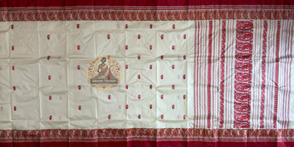 Full view of Bishnupur Garad silk saree in complete drape – sacred ivory Bengal handloom making every woman glow with pure grace, for Durga Puja, weddings and cultural galas worldwide