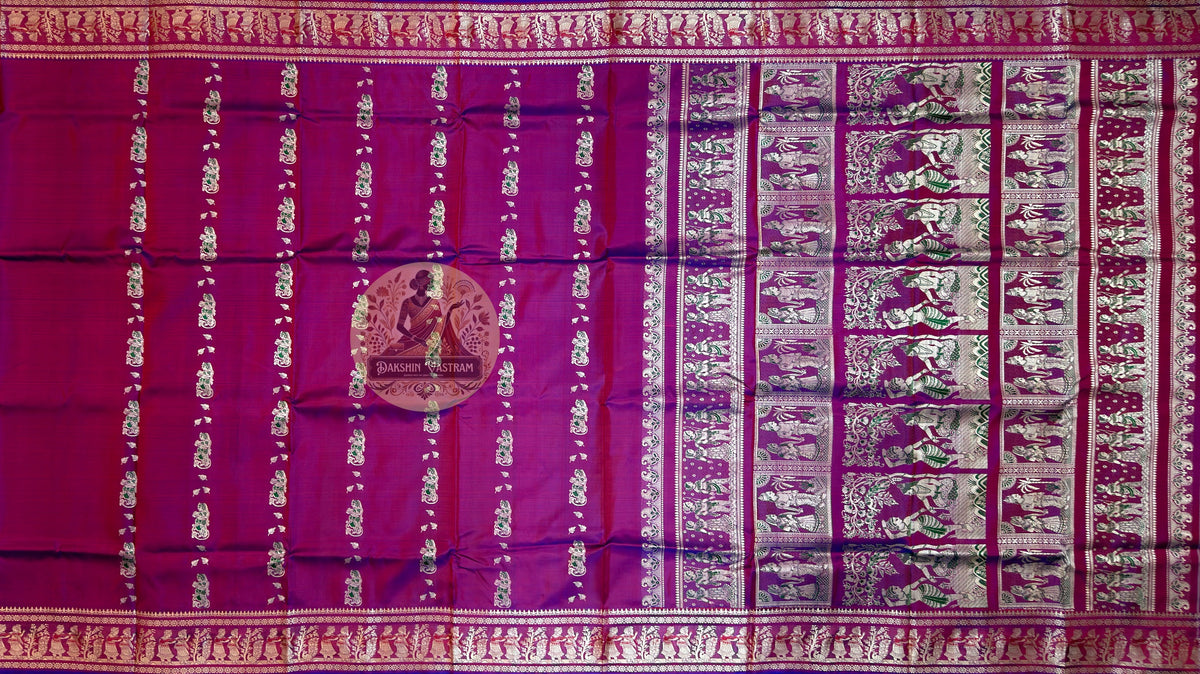 Full flat-lay of Bishnupur Baluchari Silk Saree in pure lustrous silk showing complete handwoven mythological pallu, narrative border and saree body — perfect for Durga Puja 2026, Poila Boishakh, weddings and cultural events across Bishnupur, Kolkata, Bankura and Bardhaman