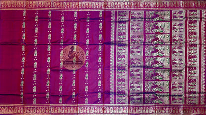 Full flat-lay of Bishnupur Baluchari Silk Saree in pure lustrous silk showing complete handwoven mythological pallu, narrative border and saree body — perfect for Durga Puja 2026, Poila Boishakh, weddings and cultural events across Bishnupur, Kolkata, Bankura and Bardhaman
