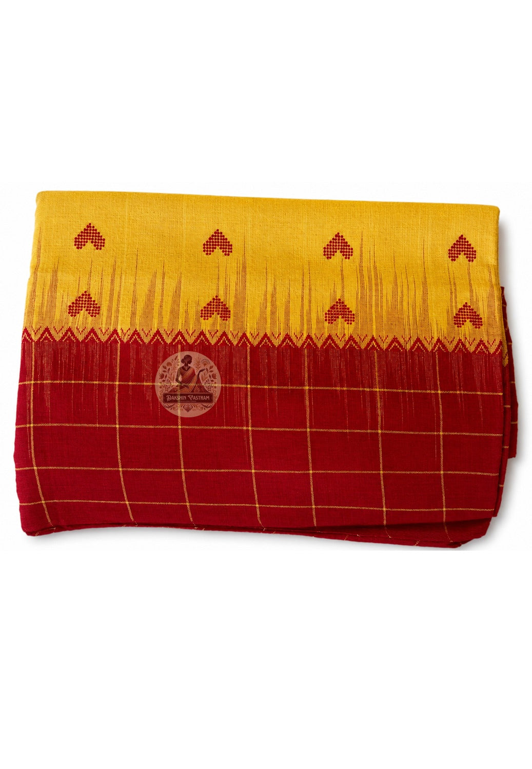 Full length view of pure cotton handloom travel saree without blouse, displaying complete body, border, and pallu for destination weddings and temple visits